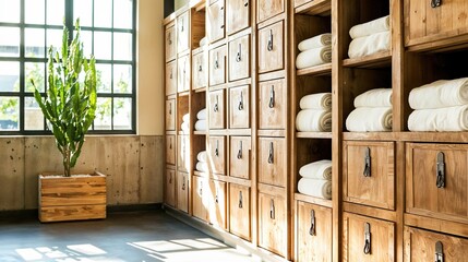 Organize your spa enhance relaxation with neatly stored towels and a touch of greenery