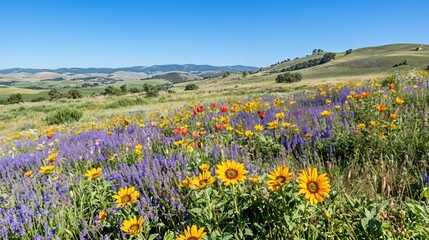 Fototapeta premium Vibrant wildflower meadow displays nature's beauty in a colorful landscape