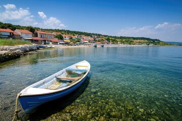 Obraz premium A small boat floating on calm water with no sail or oars, good for background or decoration