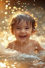 Fototapeta premium Joyful Little Boy, Age 1-2 Years, Smiling and Splashing in Water with Golden, Sparkling Sunset