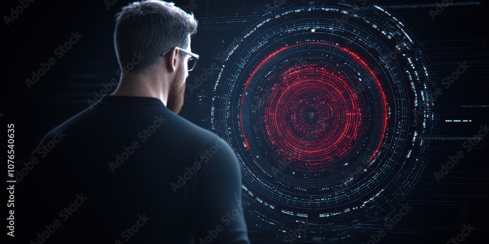 Poster a man observing a futuristic digital interface with glowing data patterns.