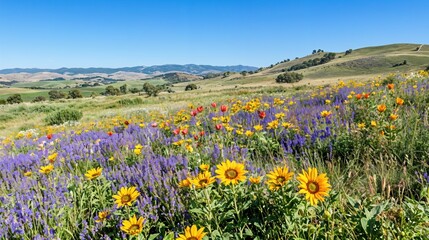 Obraz premium Explore vibrant wildflower landscapes in nature's colorful blooms across rolling hills