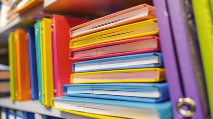 A stack of brightly colored notebooks and binders on a classroom shelf