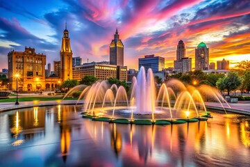 Fototapeta premium Stunning Architectural Photography of KC Fountains in Kansas City Showcasing Dynamic Water Features and Urban Landscapes Amidst Vibrant City Life