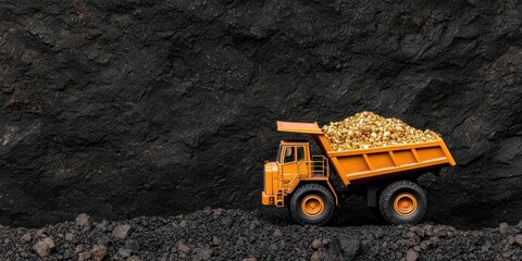 A mining truck loaded with gold transporting minerals in a dark environment.