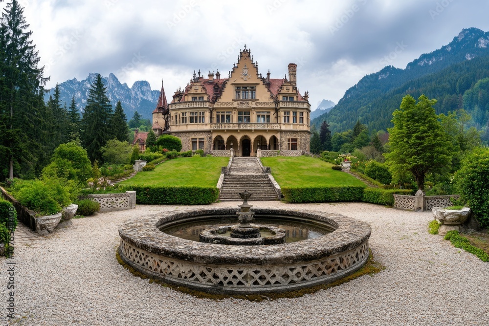 Poster a large building with a fountain in front of it, suitable for use in architectural or urban planning