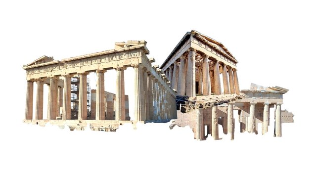 An illustrated collage showcasing ancient Greek architectural marvels, including the Parthenon, the Temple of Hephaestus, and the Propylaia, set against a white background.