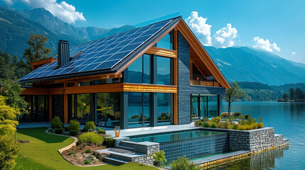 Obraz premium Modern technological high-tech house with solar panels on the roof near lake