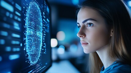 Tech-Savvy Woman Analyzing Futuristic Digital Interface in Modern Office Space