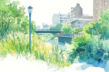 Park lilac garden, watercolor illustration. Landscape of a park with blooming lilacs, a bench and lanterns in Moscow, hand drawing, sketch. Landscape print for poster, painting, book illustration, etc