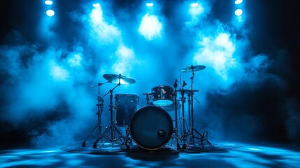 A drum set on a stage, with blue lights and smoke.