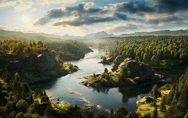 A serene landscape featuring a river winding through lush forests and distant mountains.