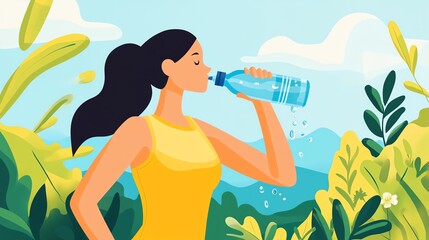 Person hydrating with water bottle, outdoor wellness activity, flat design illustration