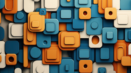 Abstract geometric pattern with overlapping squares and circles in blue, orange, and beige tones creating a three-dimensional layered effect