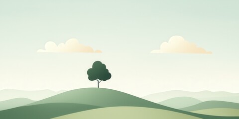 Fototapeta premium A serene landscape with a lone tree on rolling hills under soft, pastel clouds.