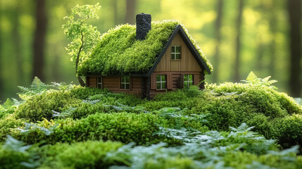 Eco house. Green and environmentally friendly housing concept. Miniature wooden house in spring grass, moss and ferns on a sunny day