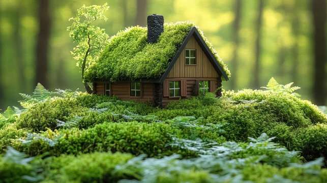 Eco house. Green and environmentally friendly housing concept. Miniature wooden house in spring grass, moss and ferns on a sunny day