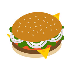 Hamburger with chees, meat, salad, slice tomato and onion. Fast Food or Hamburger Day design element