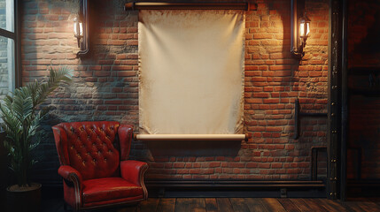 Poster mockup on brick wall, Vintage scroll on brick wall with red chair and lanterns