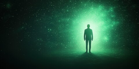 Fototapeta premium A silhouette of a person stands in a mystical green light, evoking deep contemplation.