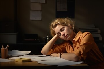 Woman worker publication worried desk.