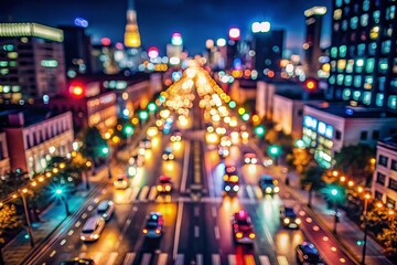 Obraz premium Stunning Drone Photography of Vibrant Bokeh Lights Reflecting on a Dark Urban Street at Night, Featuring a Clear Center Space for Eye-Catching Messaging and Branding Opportunities