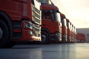 Red trucks parked at a bustling logistics hub area in a row. Lineup of several trucks in the truck parking fully prepared, ready for deliveries. Van transportation truck park. Warehouse distribution