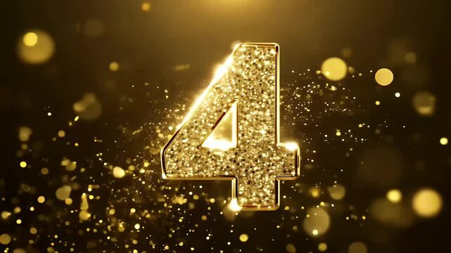 The glowing golden number 4 stands out black background video surrounded burst shimmering dust particles sparkling bokeh lights ethereal effects exudes magical fantastical quality glow gold 