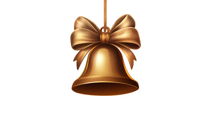 Christmas Golden Bell with Bow Isolated on White Transparent Background, PNG Element. Christmas decoration tree ornament
