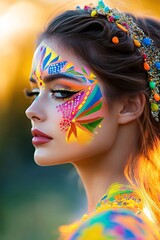Colorful Artistic Makeup on Woman Reflecting Creative Expression in Nature Setting