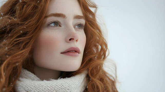 kobieta europejska, długie kręcone włosy, świąteczny portret, białe tło, świąteczne kolory, czerwone włosy, zimowa moda, spokojny wyraz twarzy, świąteczna atmosfera, ciepły szalik, złoty cień do powie