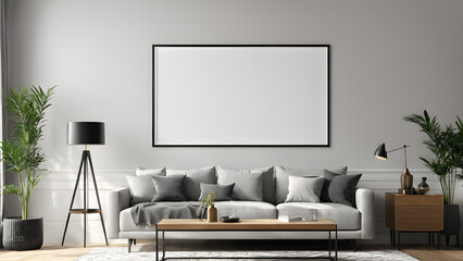 Modern living room interior with blank poster on the wall,