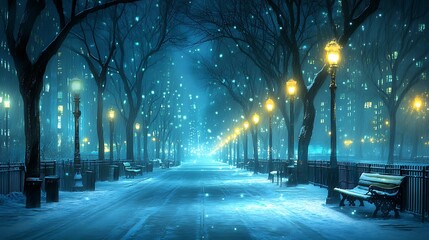 Snowy City Street at Night with Streetlights and a Bench