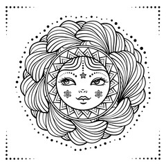 Mystical Sun Goddess black and white vector illustration. Intricate antistress coloring page.