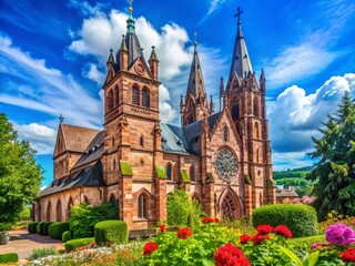 Obraz premium Stunning High Depth of Field Capture of the Main Facade of St. Peter and Paul Church in Obernai, Bas-Rhin, Alsace, France Showcasing Architectural Beauty and Historical Significance
