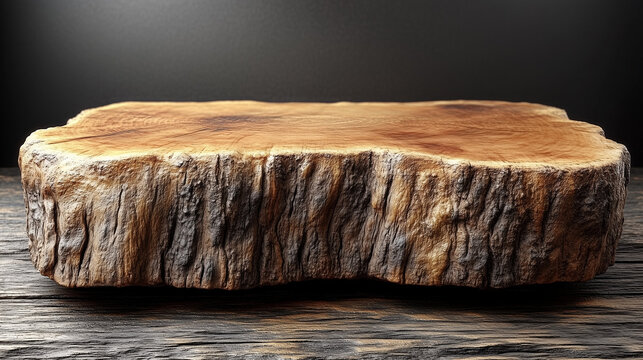 Rustic wood slab serving board on dark background, space for product advertising