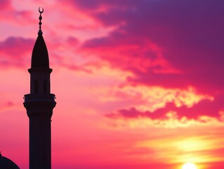Obraz premium Silhouette of Mosque at Sunset with Colorful Sky