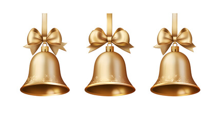 Christmas Golden Bell with Bow Isolated on White Transparent Background, PNG Element. Christmas decoration tree ornament