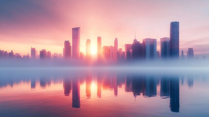 Fototapeta premium Urban Skyline Reflected in Misty Waters During a Vibrant Twilit Sunrise