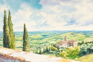 Obraz premium Acrylic painting of an italian landscape in the tuscany with castle, road with cypress a lake in the bak and a little chapel on a hill 