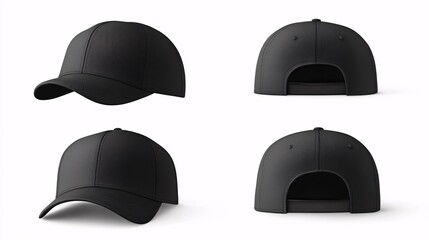 Realistic 3D mockup set of black caps, including sport baseball caps with visors and uniform hats from various angles