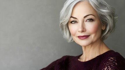 Obraz premium świąteczny portret, kobieta dojrzała, siwe włosy, bordowy sweter, minimalistyczne tło, szare tło, świąteczna elegancja, luksusowy styl, delikatny makijaż, subtelny uśmiech, minimalistyczny wygląd, ele