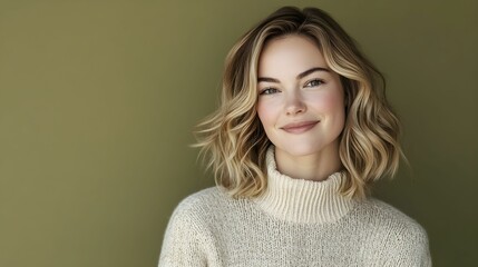 Obraz premium świąteczny portret, kobieta europejska, blond włosy, kremowy sweter, oliwkowe tło, minimalistyczna estetyka, delikatny uśmiech, świąteczna atmosfera, naturalna uroda, subtelny makijaż, ciepła stylizac