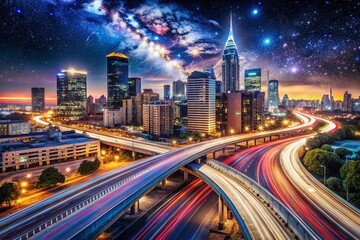 Fototapeta premium Stunning Long Exposure Cityscape Featuring Illuminated Freeway at Night with Glowing Skyscrapers, Traffic Lights, and Vibrant Urban Atmosphere