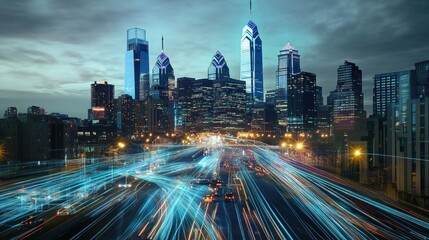 Fototapeta premium Cityscape at Night with Light Trails