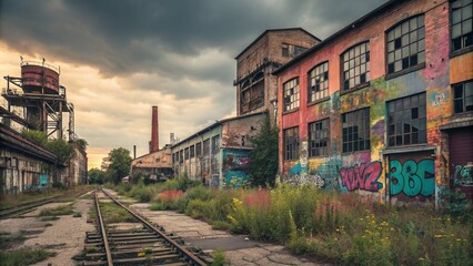 A dramatic image of an abandoned industrial complex. The buildings are covered in graffiti and overgrown with vegetation. A railway track runs through the scene, leading the eye into the distance.