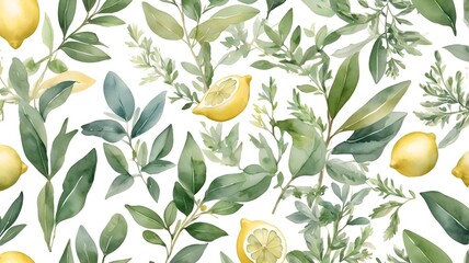 Lemon and greenery pattern with vibrant foliage on a white background for textile design