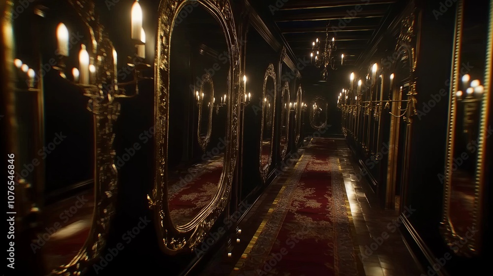 Poster hall of mirrors with gilded frames and candlelight reflections