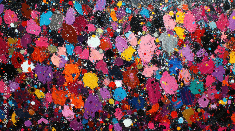 Poster the artwork features an explosion of colors with splashes and dots layered on a dark background, sho