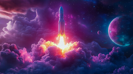 A rocket ascends through vibrant clouds, igniting with brilliant colors as it journeys into deep space at twilight